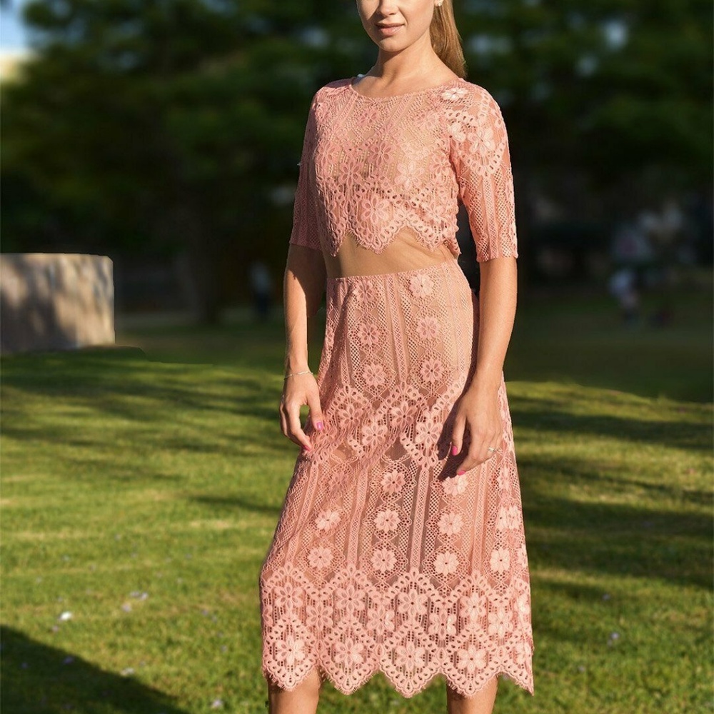 For Love And Lemons Lace Pink Midi Illusion Dress